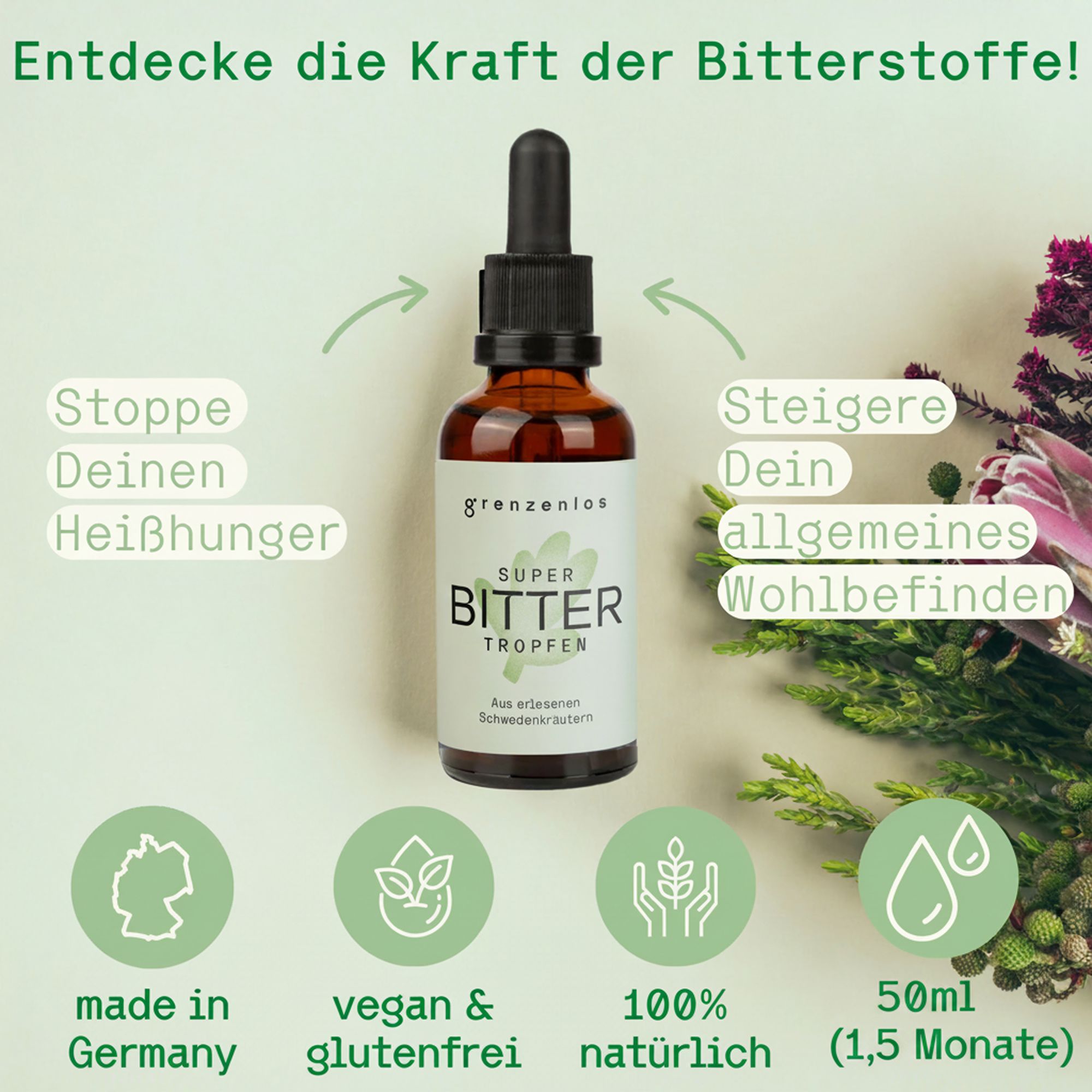 Braune Flasche mit Pipette. Text: Super Bitter Tropfen. Grafiken: Deutschland, vegan, natürlich. Grüner Hintergrund.