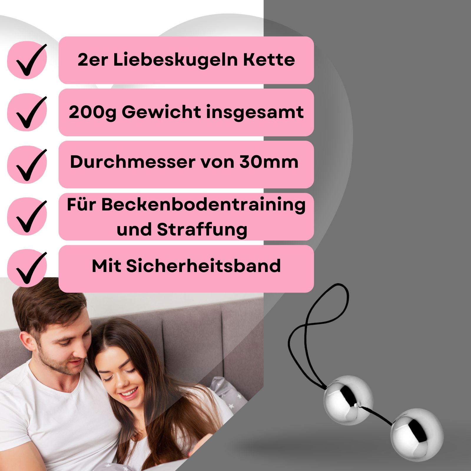 Zwei Stahlkugeln mit Sicherheitsband, 30mm Durchmesser, 200g Gesamtgewicht.