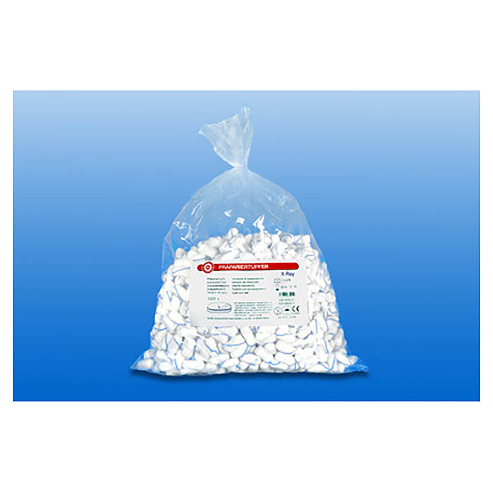 Beutel mit weißen Tupfern. Etikett mit Produktinformationen. Auf blauem Hintergrund.