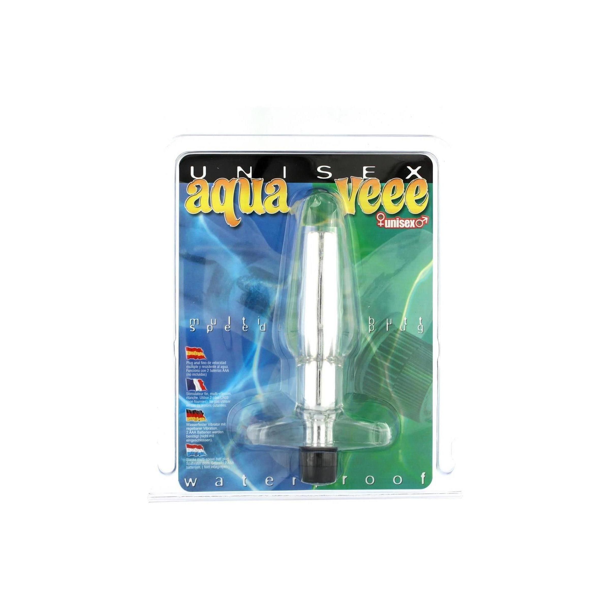 Transparenter Analplug in Blisterverpackung. Mit breiter Basis und konischem Schaft. Schwarzer Sockel. Aufschrift: Aqua Vee, Unisex, wasserdicht.