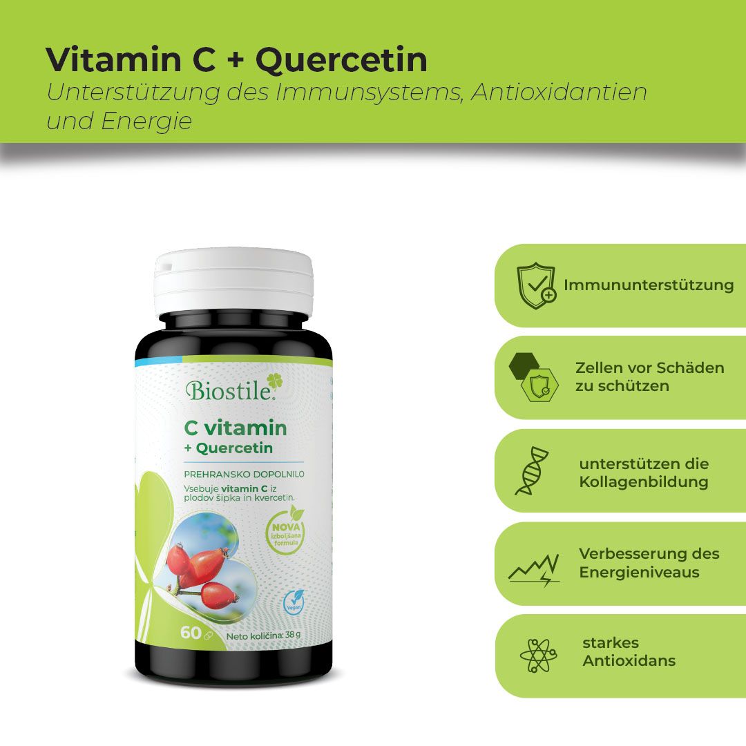 Flasche Biostile C vitamin + Quercetin. Aufschrift: 60 Kapseln. Grafiken: Immununterstützung, Zellschutz, Kollagenbildung, Energie.