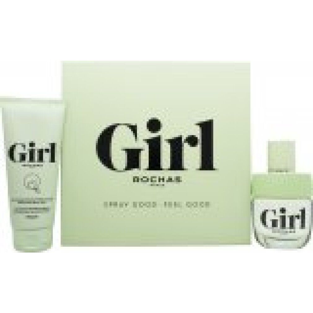 Geschenkset mit hellgrüner Box, Flakon und Tube. "Girl Rochas" auf der Box. Flakon und Tube tragen "Girl".