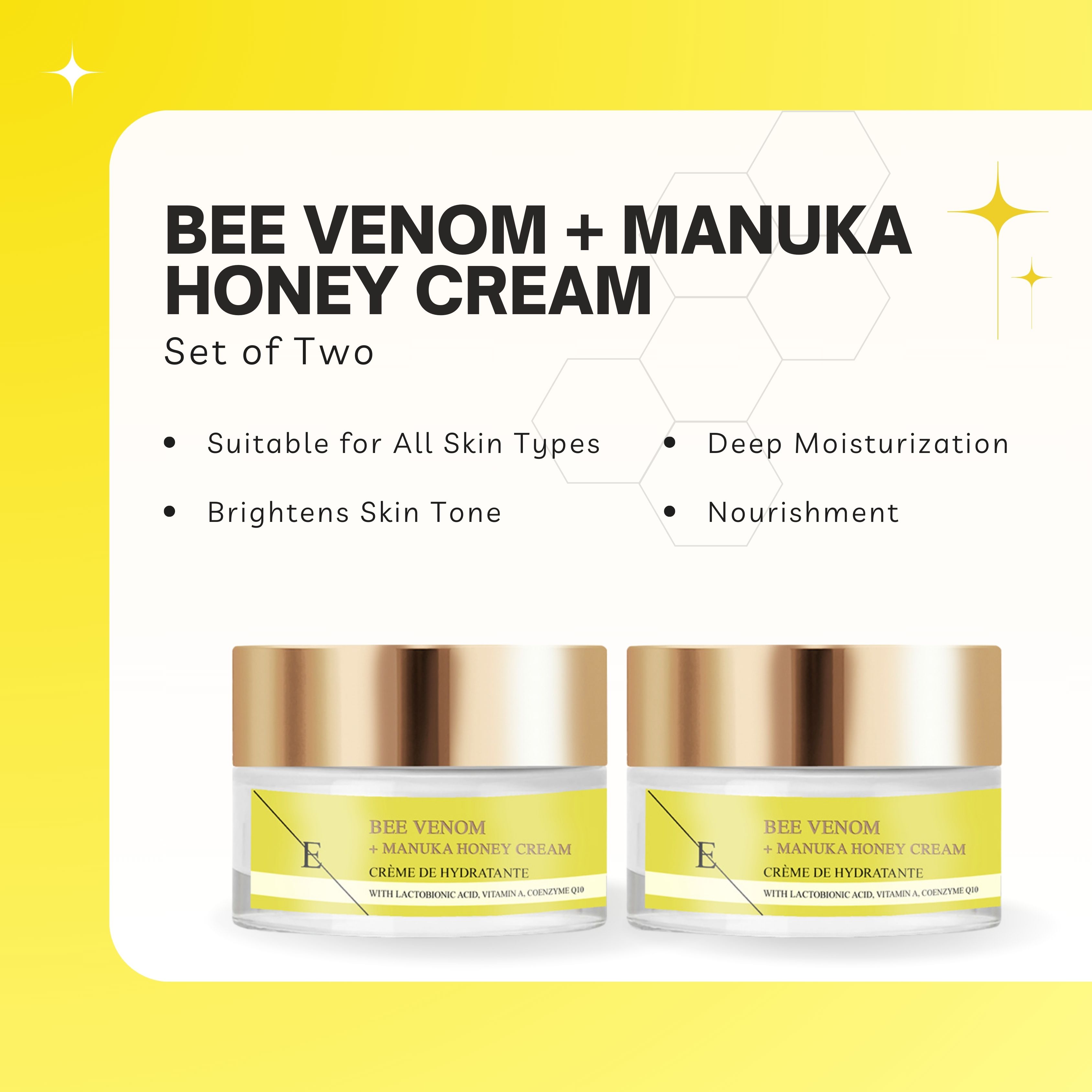 Zwei Creme-Tiegel mit goldfarbenen Deckeln. Gelbe Etiketten mit Text: Bee Venom + Manuka Honey Cream. Auf gelbem Hintergrund.