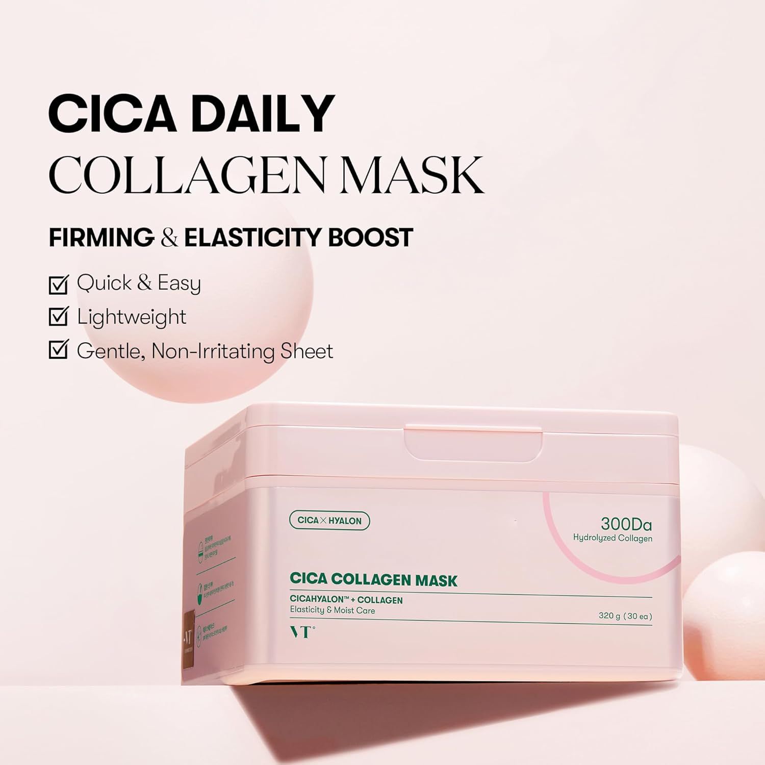 Rosa Box mit Cica Collagen Maske. Text: Cica Daily Collagen Mask, Firming & Elasticity Boost.