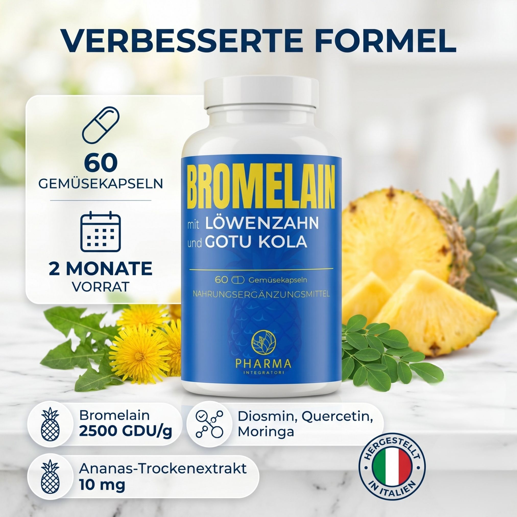 Flasche Bromelain mit Löwenzahn und Gotu Kola, mit Ananas und Löwenzahn.