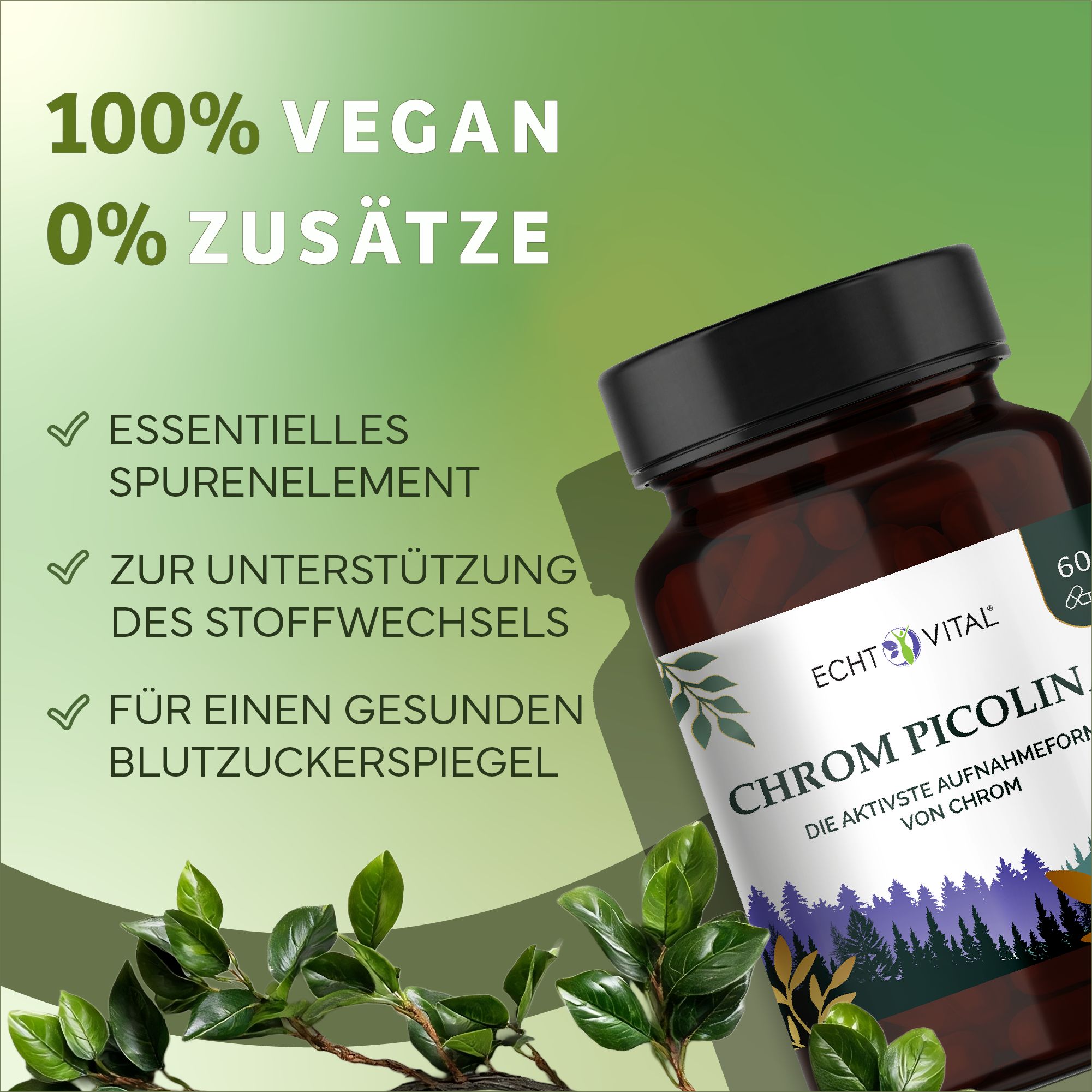 Braune Glasflasche mit schwarzem Deckel. Etikett mit Produktnamen und Inhaltsangaben. Grün-weißes Design. Text: 100% vegan, 0% Zusätze.