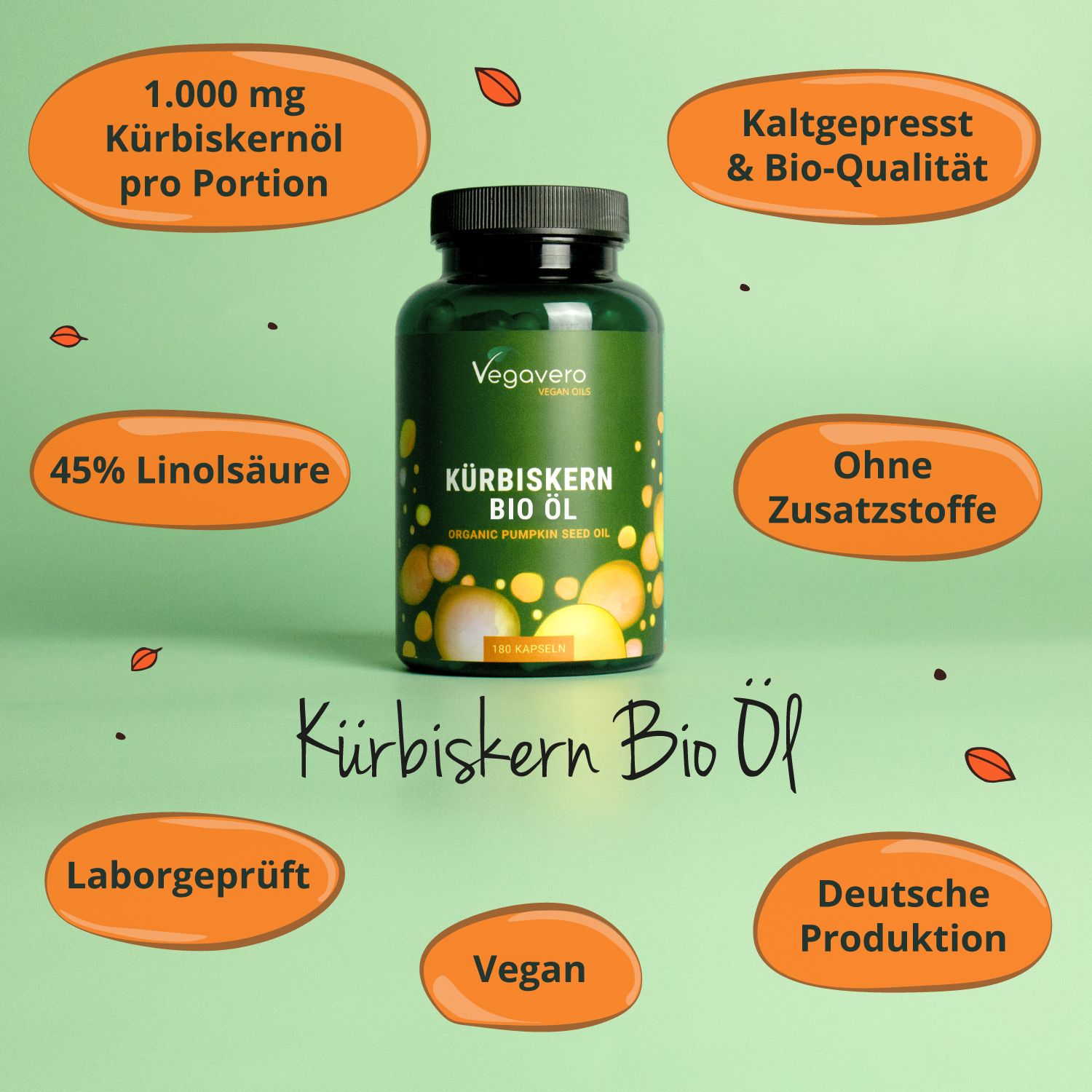 Flasche Kürbiskern BIO Öl auf grünem Hintergrund mit Kürbiskernen. Vegavaro Logo. 180 Kapseln. Drei Icons.