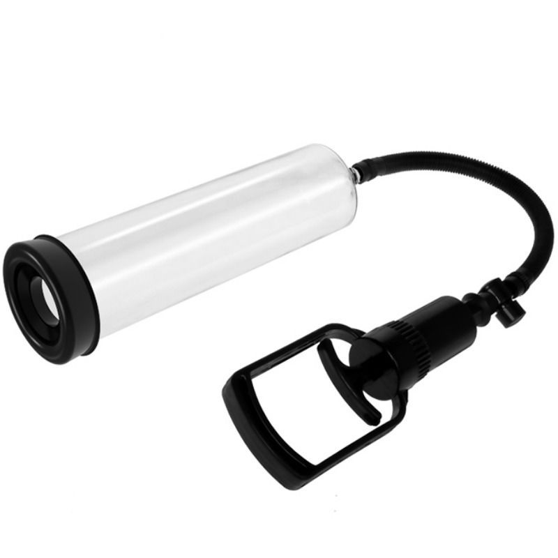 Transparente Penispumpe mit schwarzem Kolbengriff und Schlauch. Schwarzer Ring am Ende.