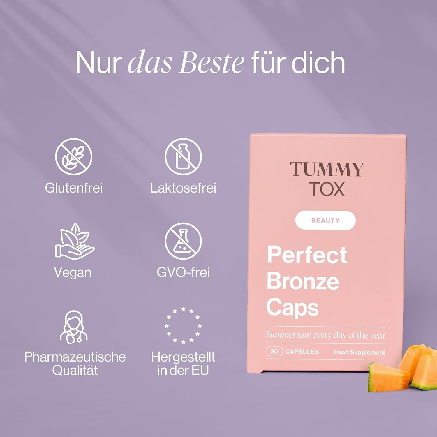 Produktverpackung "Tummy Tox Perfect Bronze Caps" neben Symbolen: Glutenfrei, Laktosefrei, Vegan, GVO-frei, Pharmazeutische Qualität, EU.