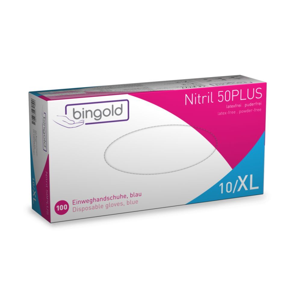 Bingold Nitril 50PLUS Einmalhandschuhe. Weiße Schachtel mit blauer und pinkfarbener Grafik. Aufschrift: 100, 10/XL, latex- und puderfrei.