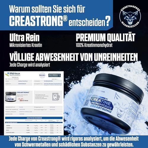 Creastrong® Dose. Text: Ultra Rein, Premium Qualität. Analysebericht. Schwarzer Deckel, weißes Etikett.