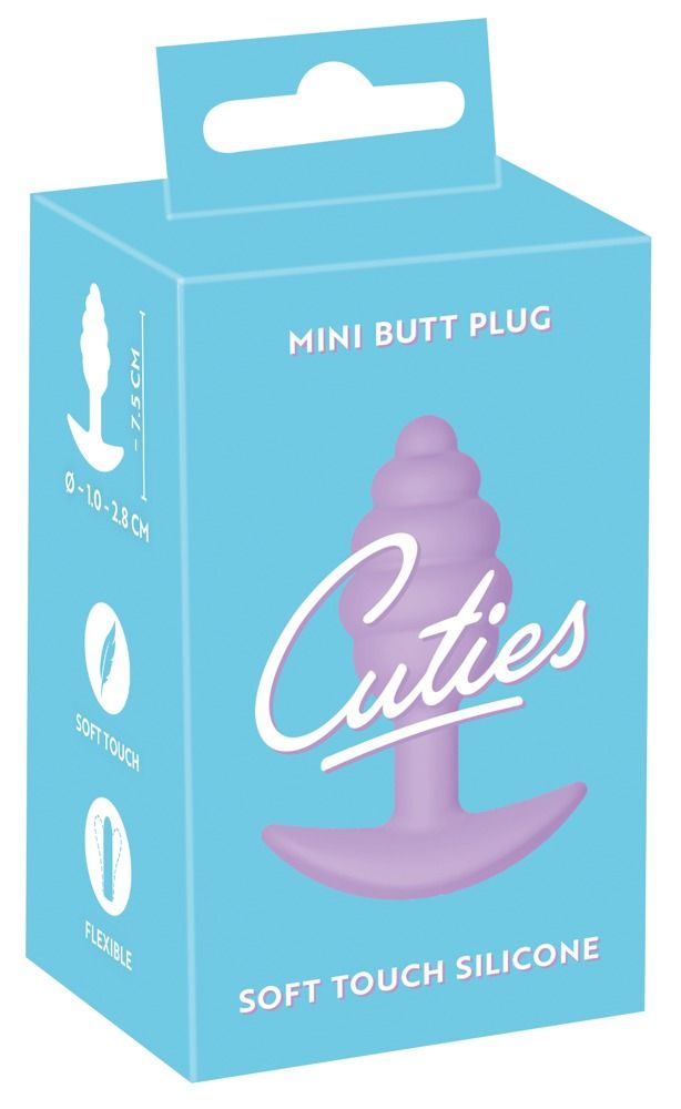 Verpackung: blaue Box, Produktabbildung, Schriftzug Cuties, Mini Butt Plug, Soft Touch Silicone.