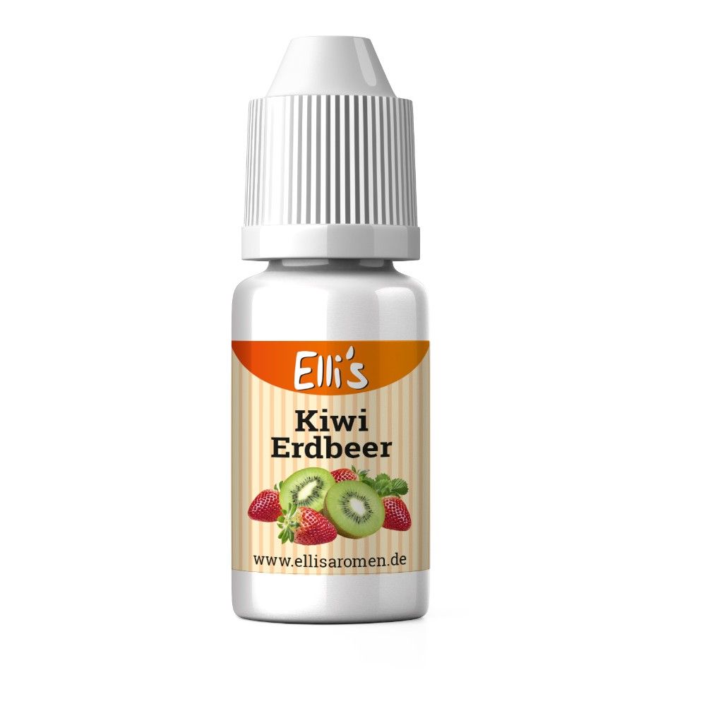 Lebensmittelaroma-Flasche mit Kiwi-Erdbeer-Etikett. Abgebildet sind Kiwi- und Erdbeer-Illustrationen. Der Markenname ist Elli's.