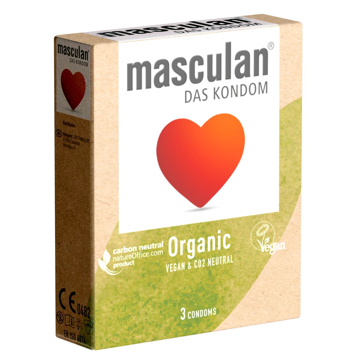 Kartonverpackung mit "masculan"-Logo, rotem Herz und Text. "Organic", "Vegan & CO2 Neutral", "3 Kondome".