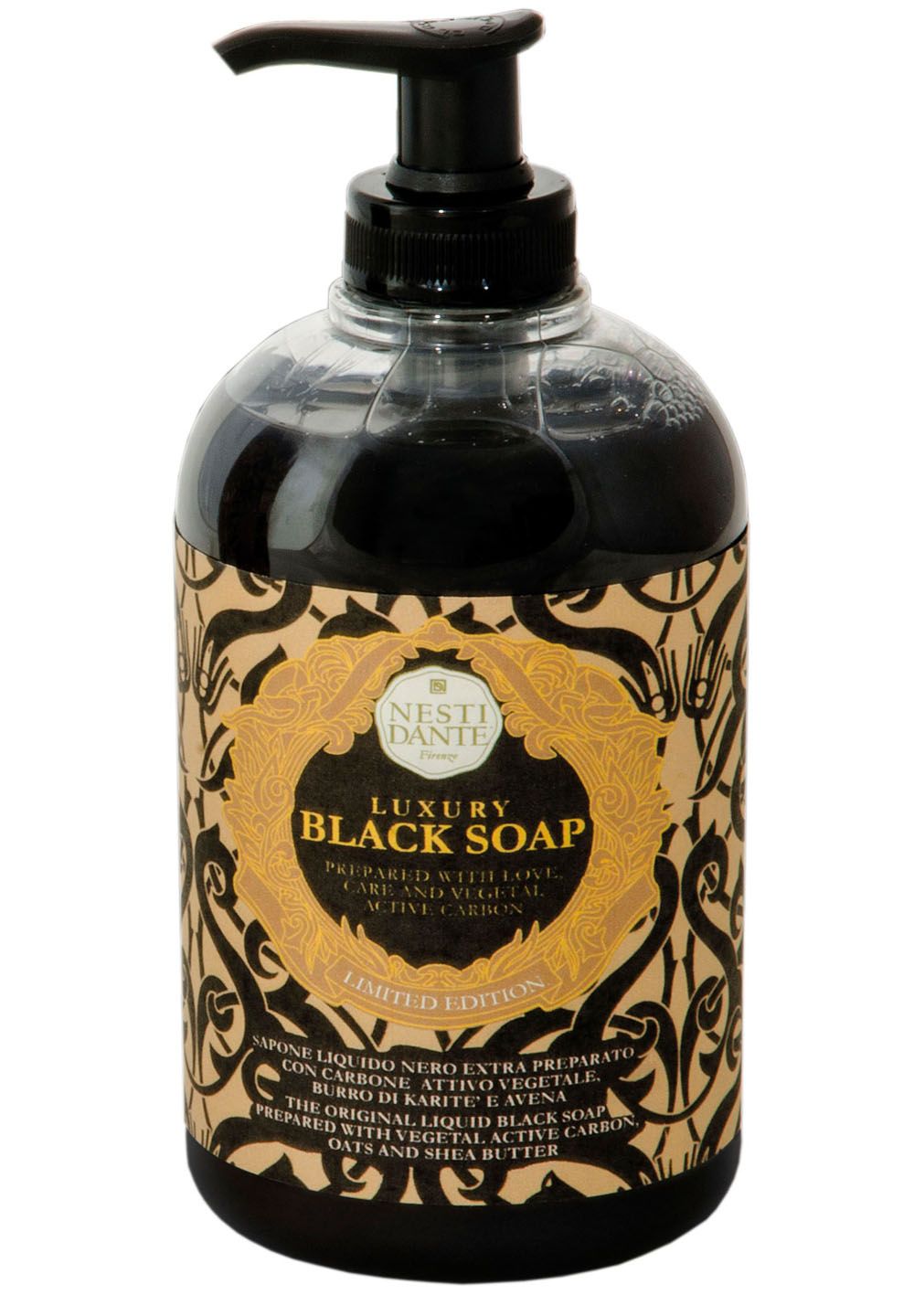 Schwarze Flüssigseife in einer transparenten Flasche mit schwarzem Pumpkopf. Aufschrift: Luxury Black Soap, Limited Edition.