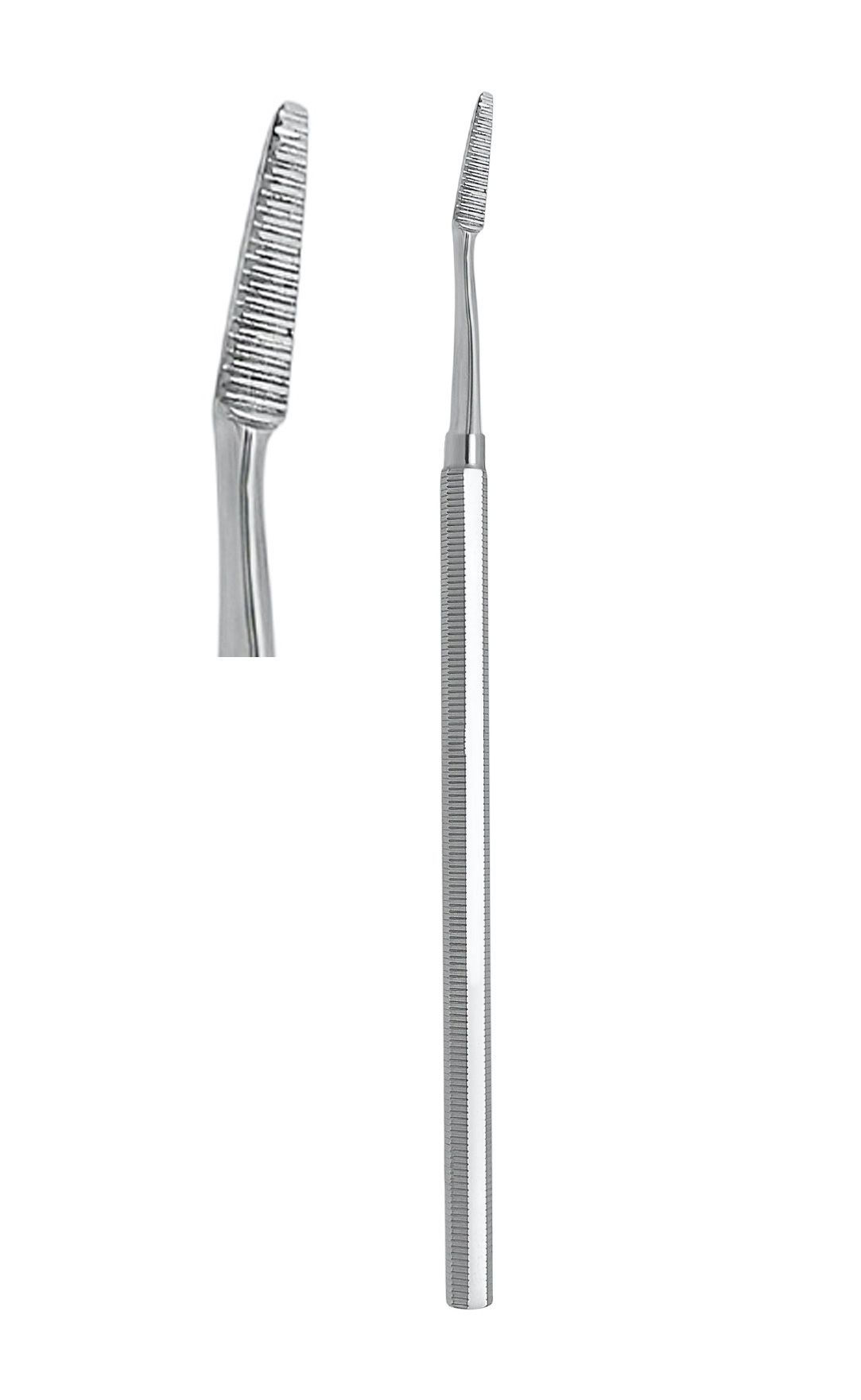 Metall-Instrument mit geriffelter Spitze und Griff. Nebenansicht und Detailansicht der Spitze.