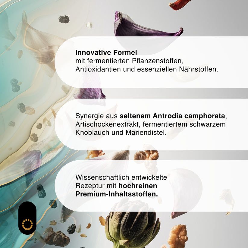 Text über innovative Formel, Synergie und wissenschaftlich entwickelte Rezeptur. Hintergrund mit blau-goldenen Farbtönen und Gemüse.