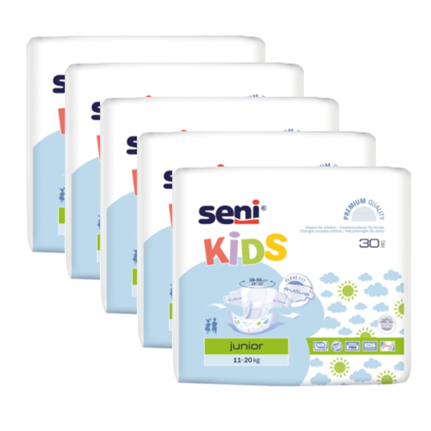 Mehrere Packungen Seni Kids Junior Windeln. Verpackung mit Produktabbildung, Wolken und Sonne. Gewicht: 11-20 kg.