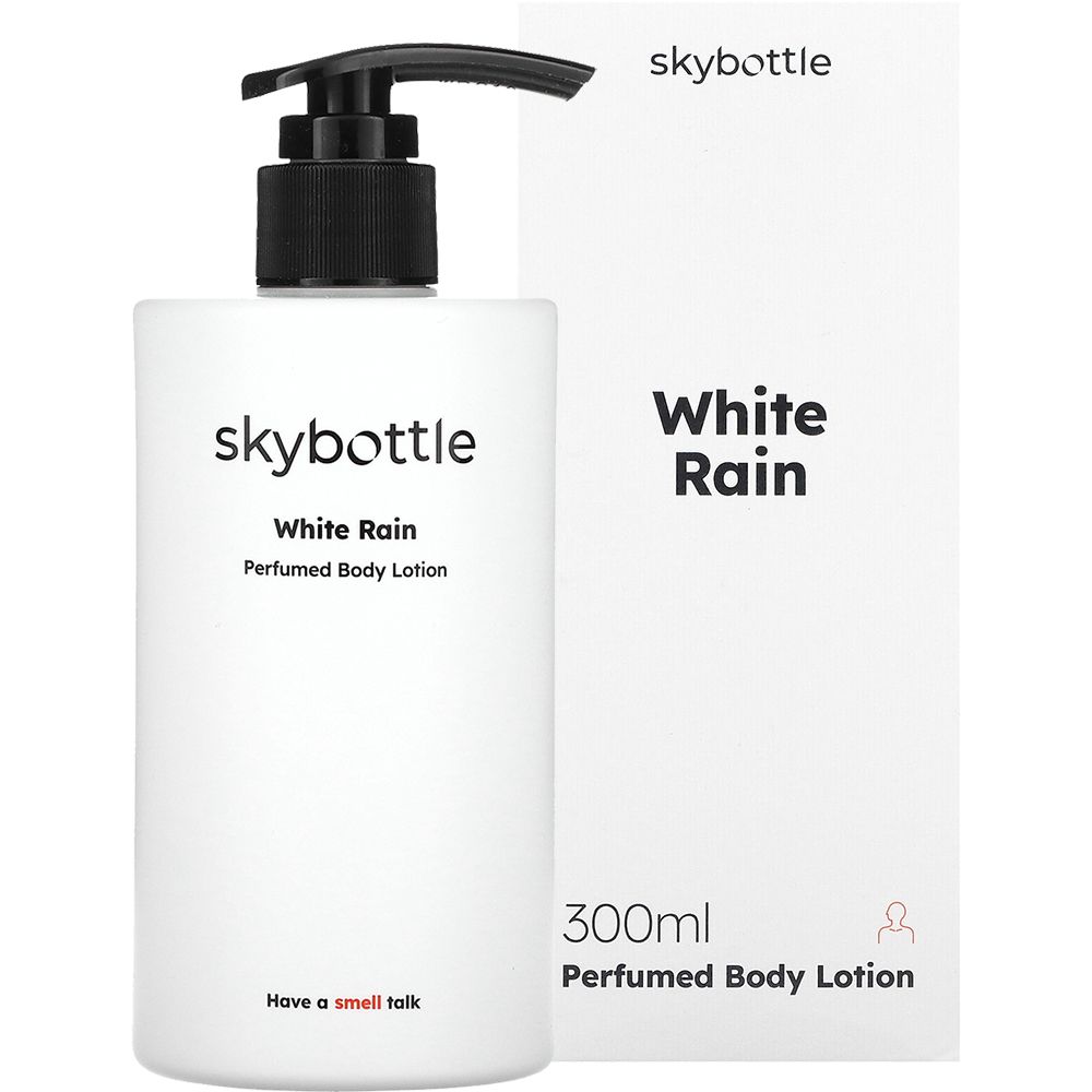 Weiße SKYBOTTLE-Körperlotion mit schwarzem Pumpkopf und Verpackung. Aufschrift: White Rain, Perfumed Body Lotion, 300ml.