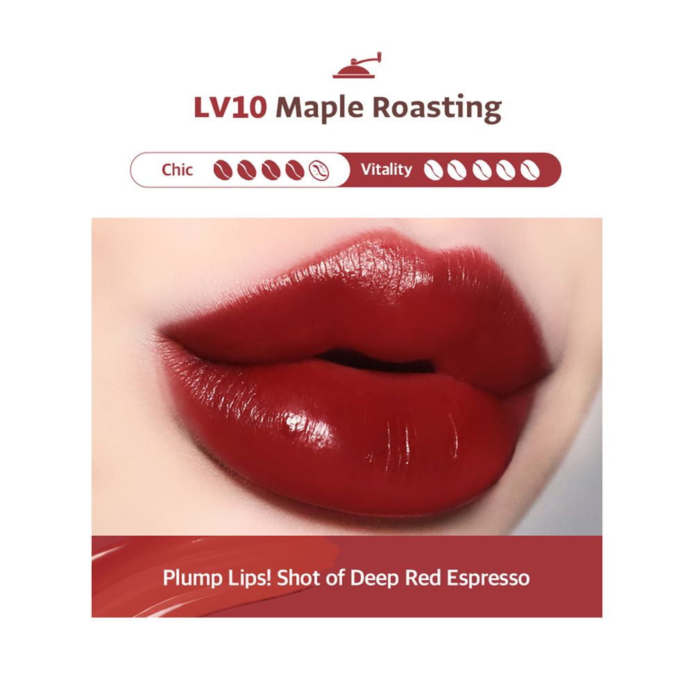 Nahaufnahme von Lippen mit rotem Lip Tint. Text: "LV10 Maple Roasting".
