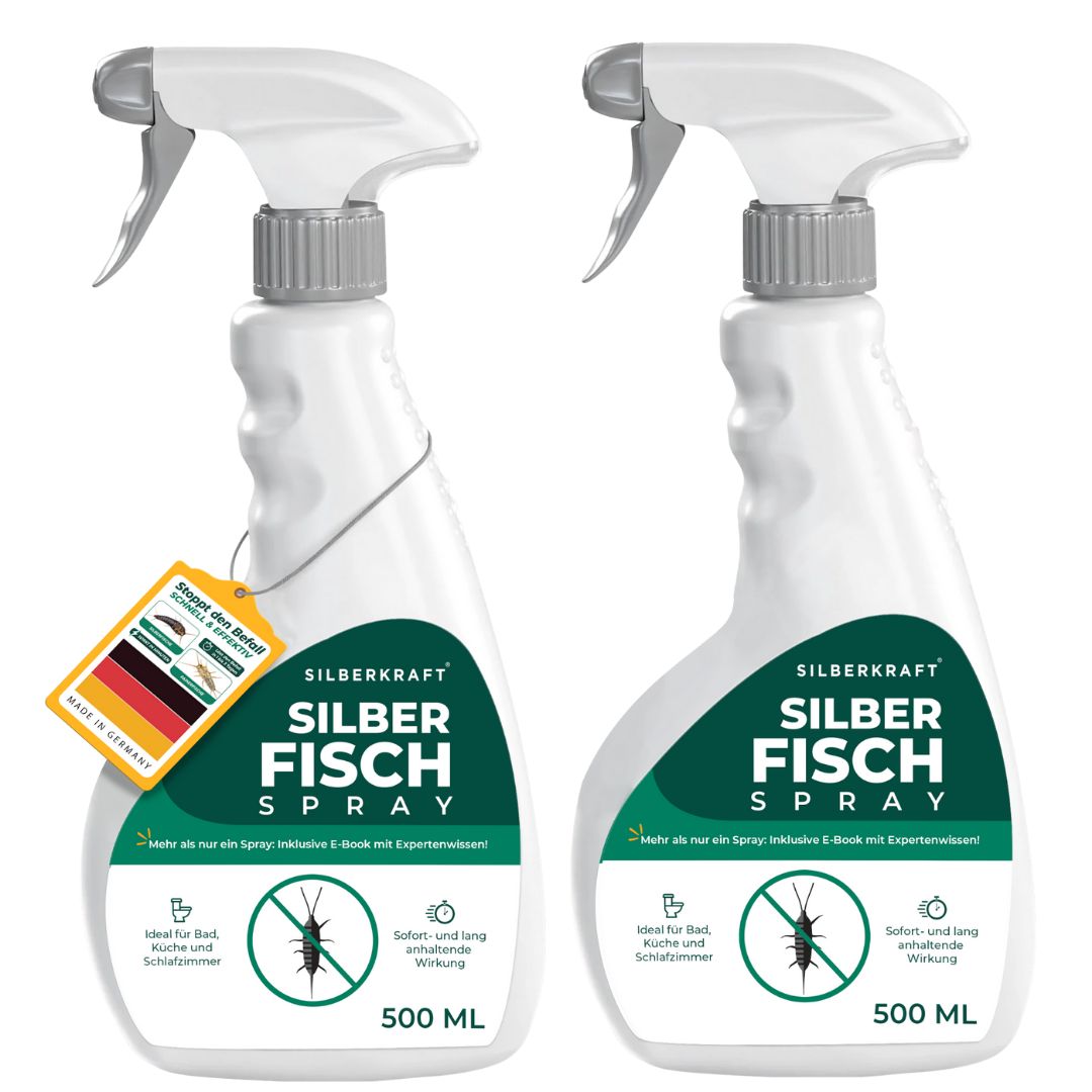 Zwei Sprühflaschen Silberfisch Spray, je 500 ml, mit Etikett 'Made in Germany'.