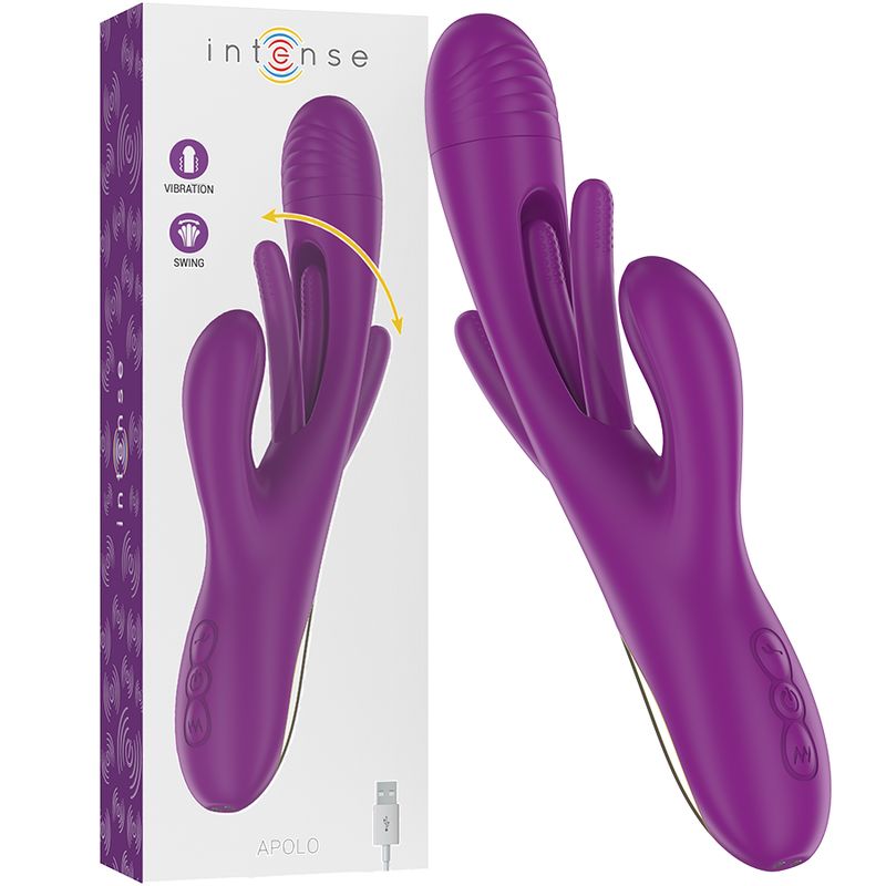 Produktverpackung mit lila Vibrator. Text: Intense, Apolo. Vibrations- und Schwingungsanzeigen. USB-Ladeanschluss.