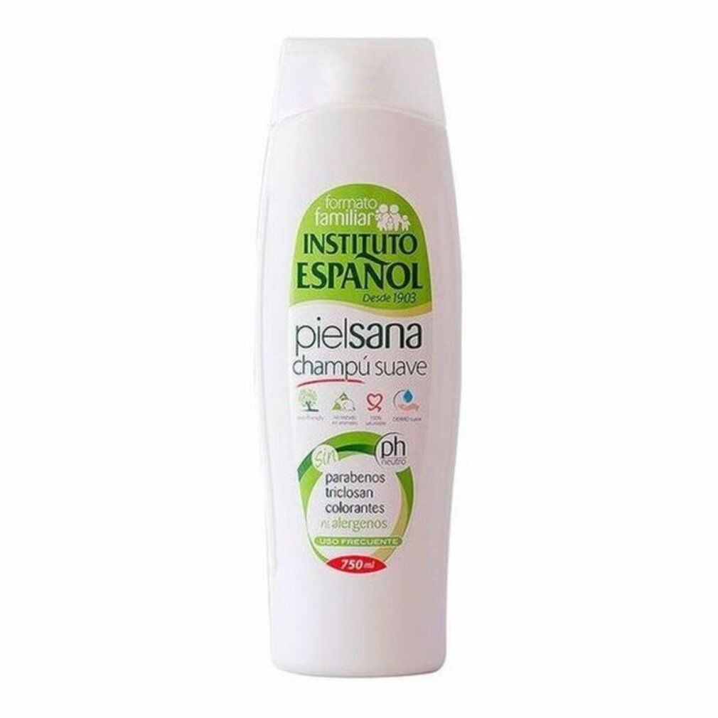 Weiße Flasche Mildes Shampoo mit grüner und weißer Beschriftung. Enthält Symbole für pH-Wert und hypoallergene Eigenschaften.