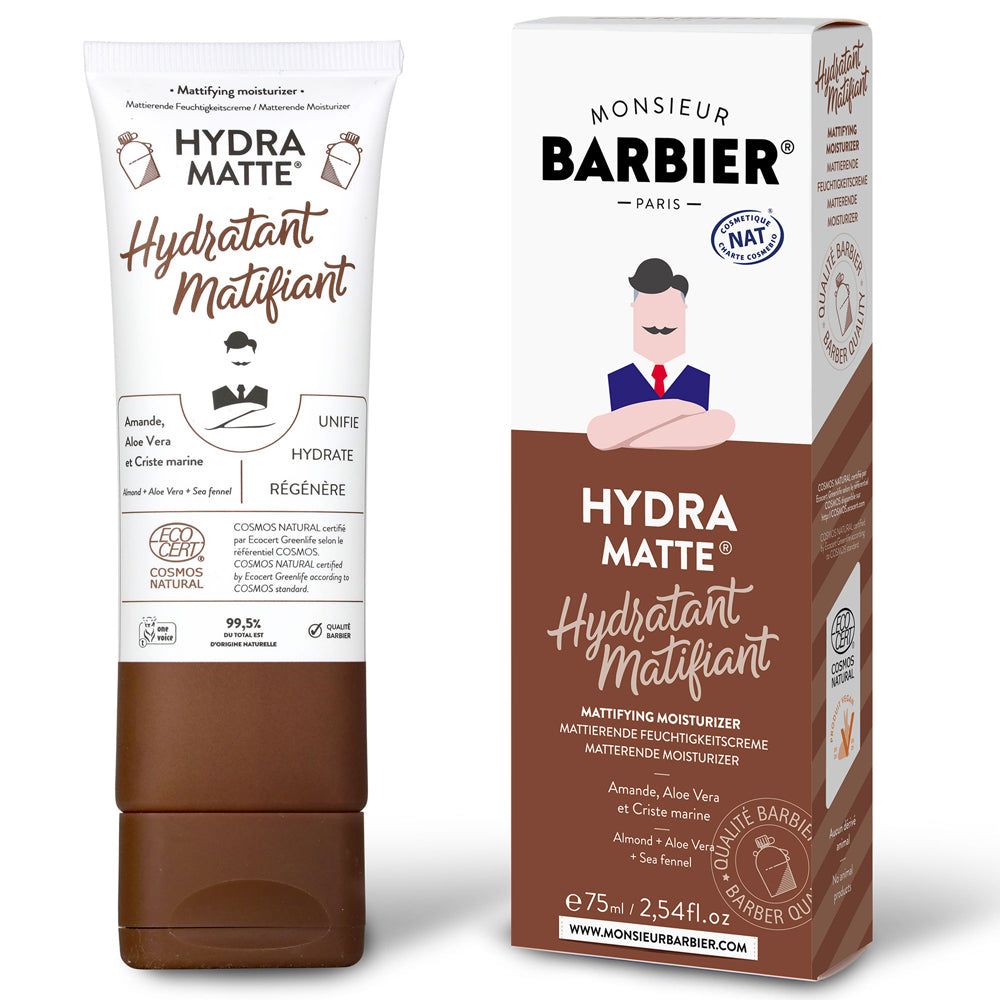 Tube und Verpackung von "Hydra Matte Hydratant Matifiant". Beide zeigen Logos, Inhaltsstoffe und Zertifizierungen. Marke: Monsieur BARBIER.