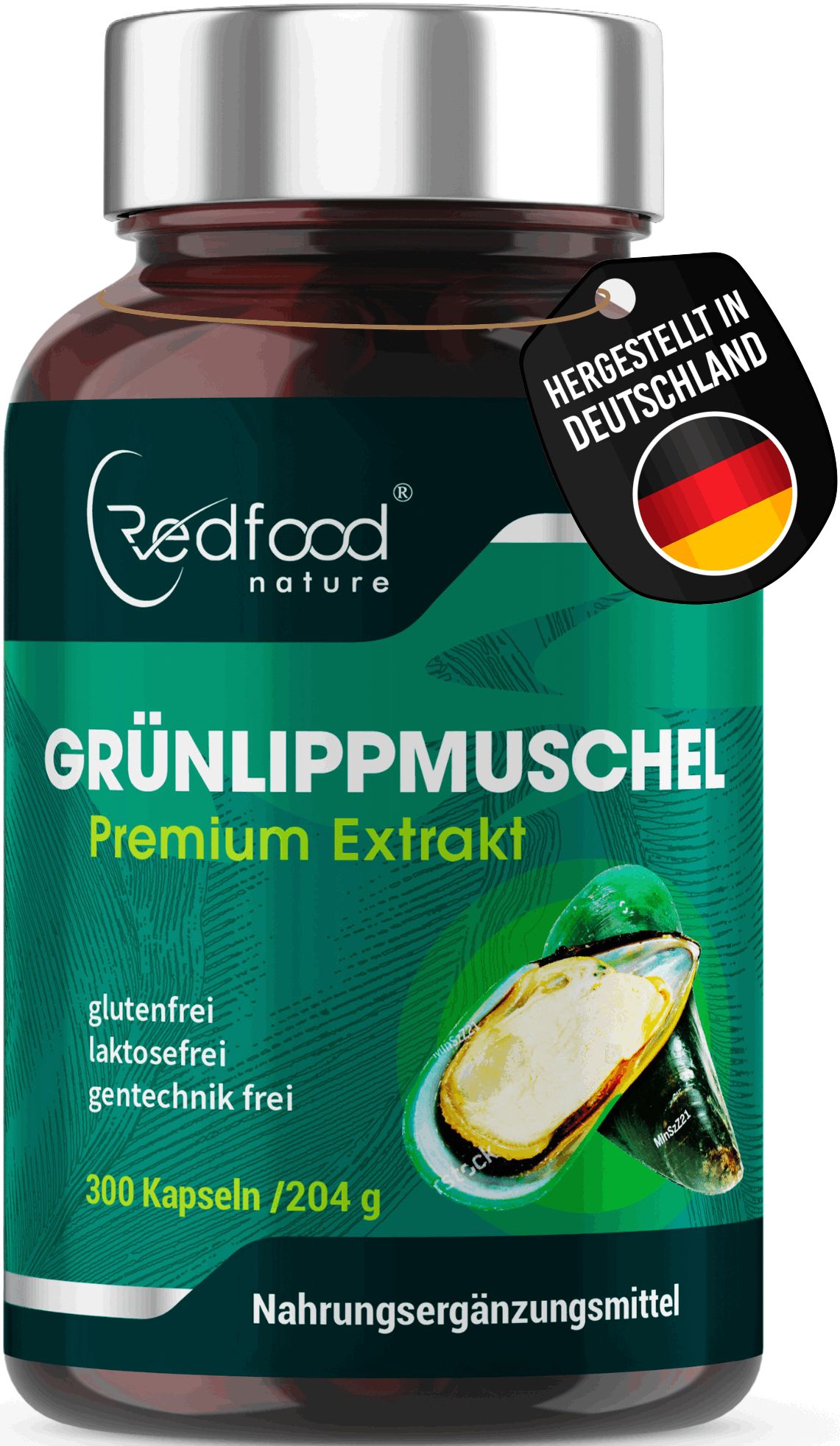 Braune Flasche mit Kapseln. Aufschrift: Redfood, Grünlippmuschel Premium Extrakt. Glutenfrei, laktosefrei, gentechnikfrei. 300 Kapseln. Hergestellt in Deutschland.