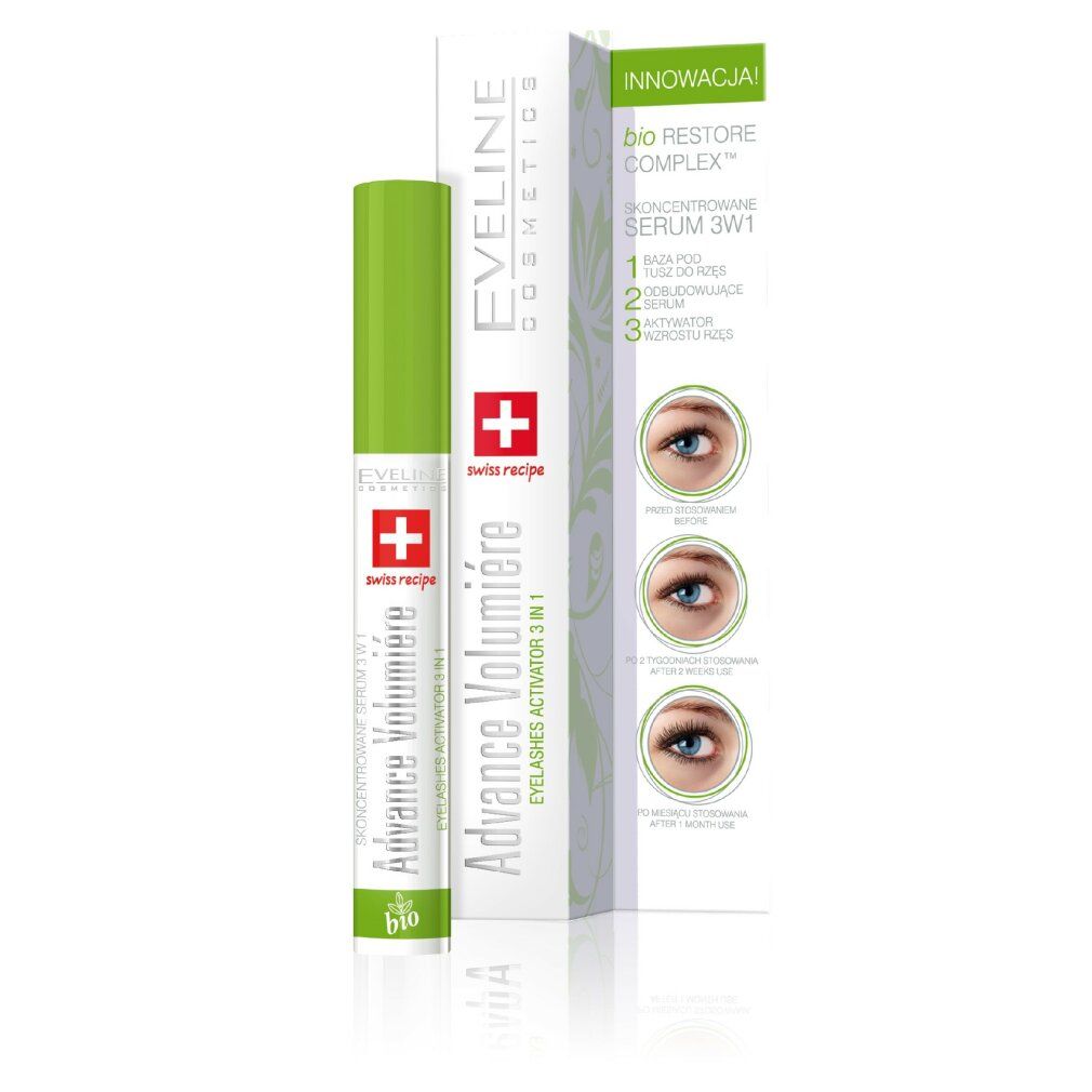 Grüne und weiße Tube und Verpackung. Aufschrift: Advance Volumière, Eveline Cosmetics, Swiss Recipe. Schweizer Kreuz.