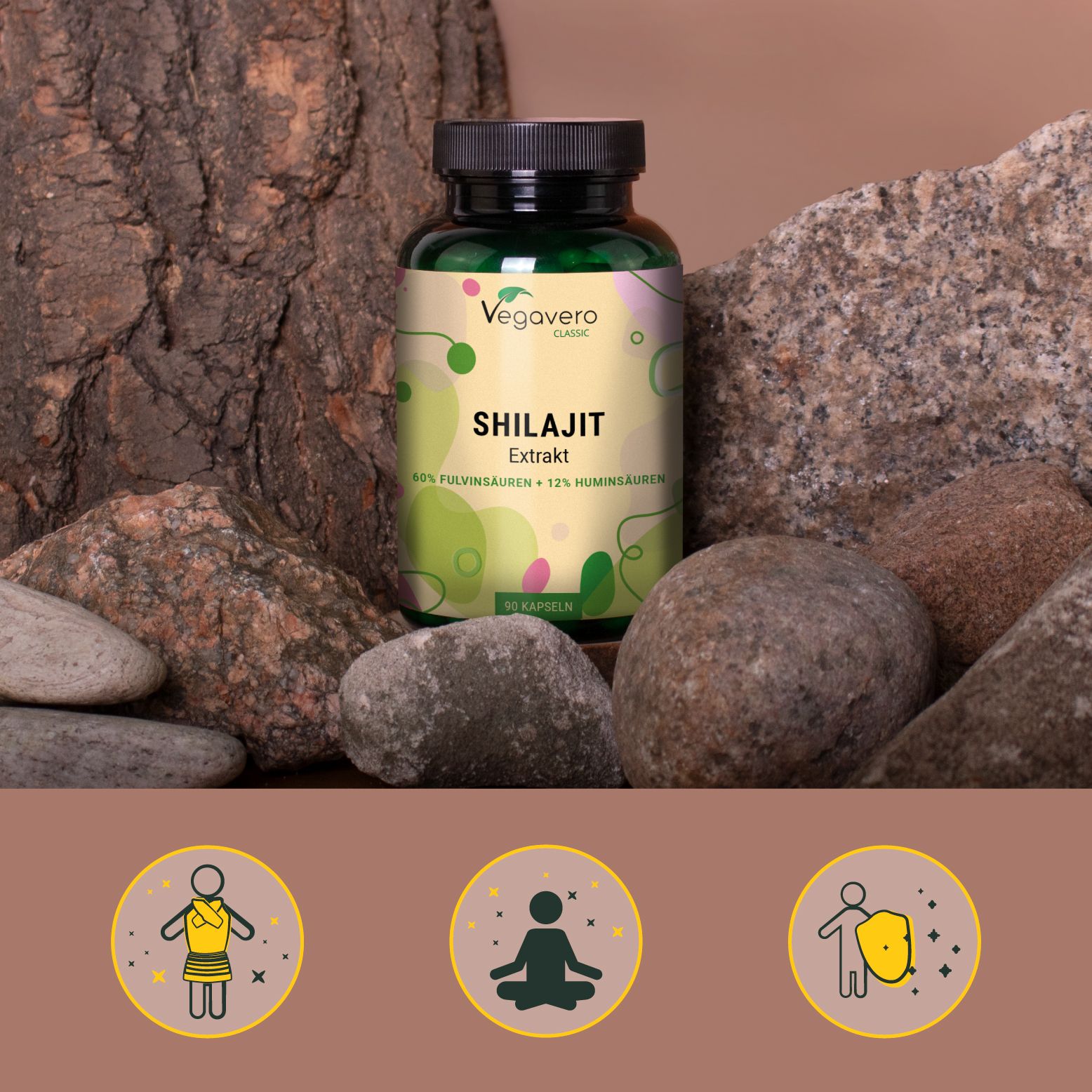 Grüne Flasche mit schwarzem Deckel. Aufschrift: SHILAJIT Extrakt. Marke: Vegavero. 90 Kapseln. Auf Steinen platziert.