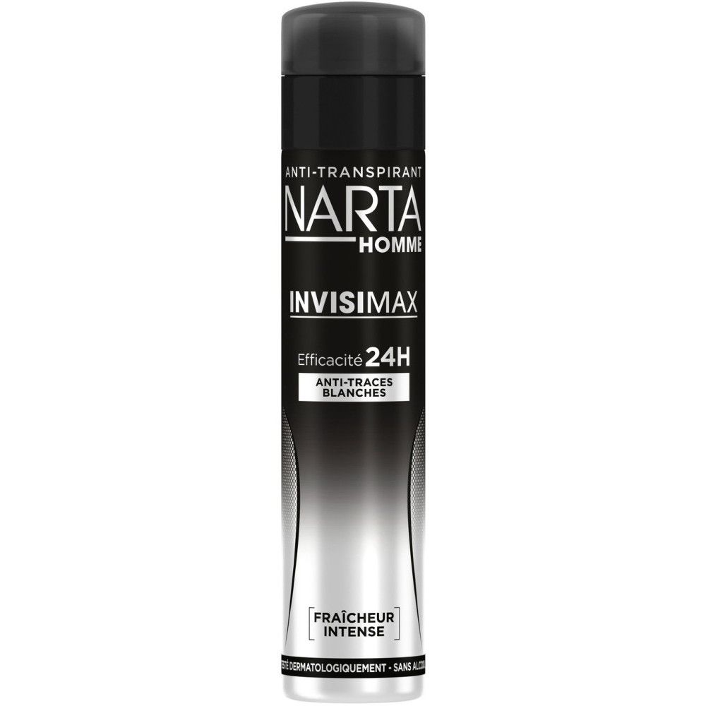 Deo-Spray für Männer. Schwarze und weiße Dose. Text: NARTA HOMME INVISIMAX, Efficacité 24H, Anti-Traces Blanches, Fraîcheur Intense.