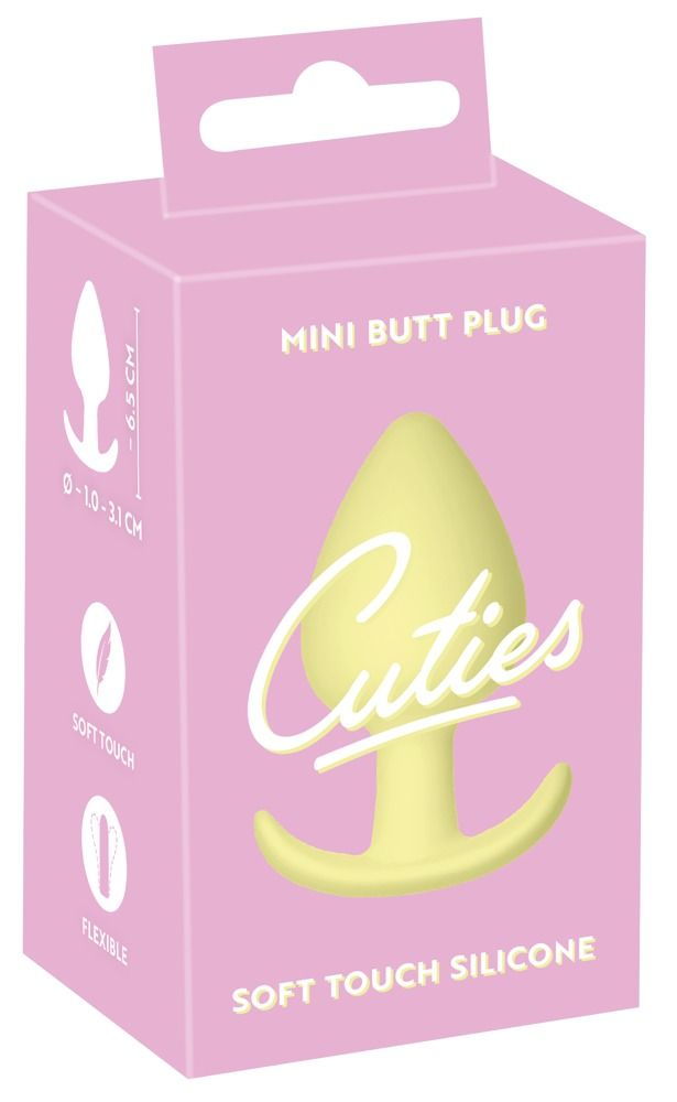 Rosa Verpackung mit gelbem Analplug. Text: Cuties, Mini Butt Plug, Soft Touch Silicone.