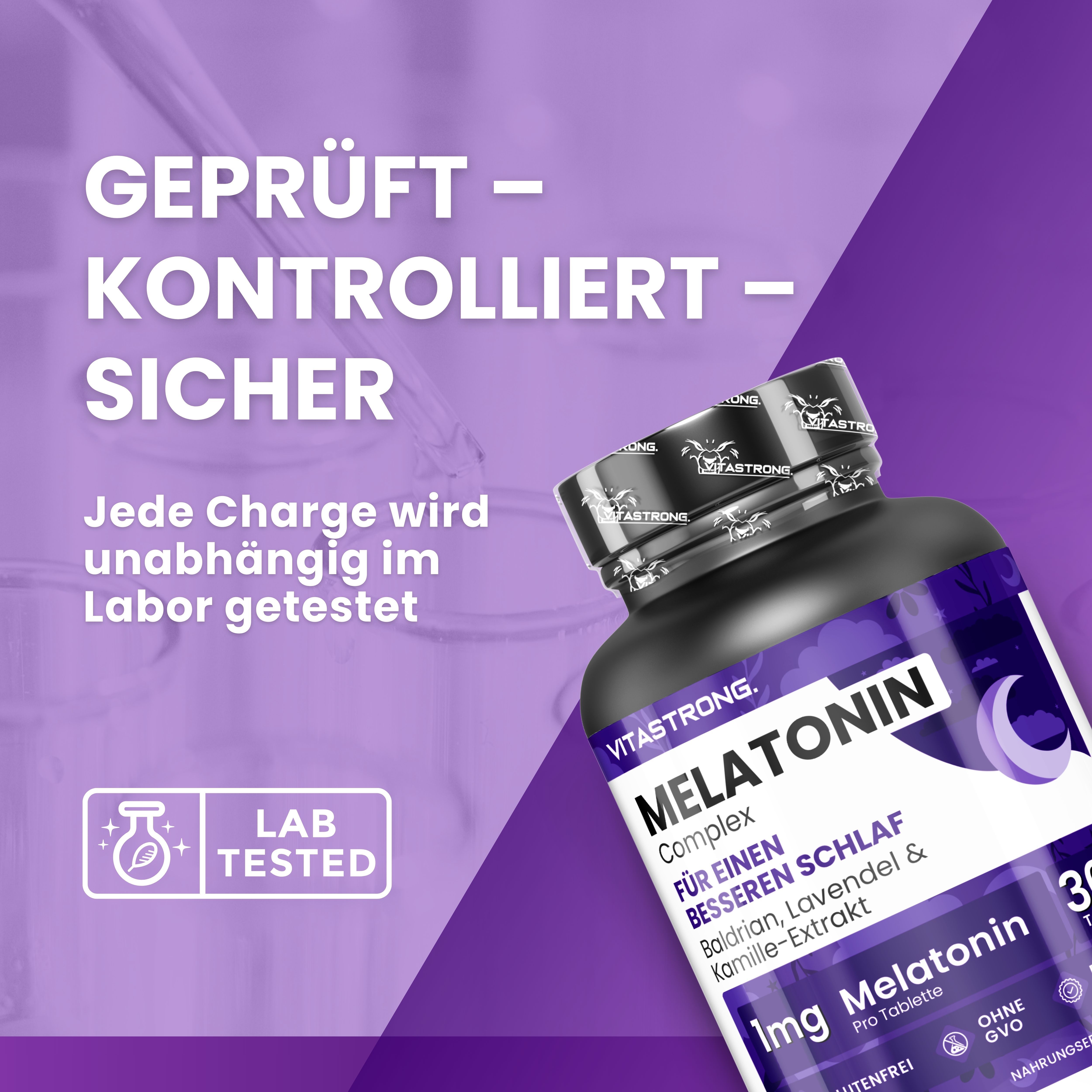 Dunkle Flasche mit Tabletten. Aufschrift: Melatonin Complex, 1mg, 365 Tabletten. Laborgeprüft. Ohne GVO.
