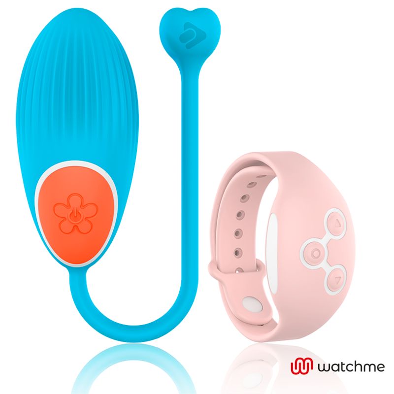 Blaues Wearwatch Vibro-Ei mit orangefarbenem Knopf und pinkem Armband mit Bedienelementen.