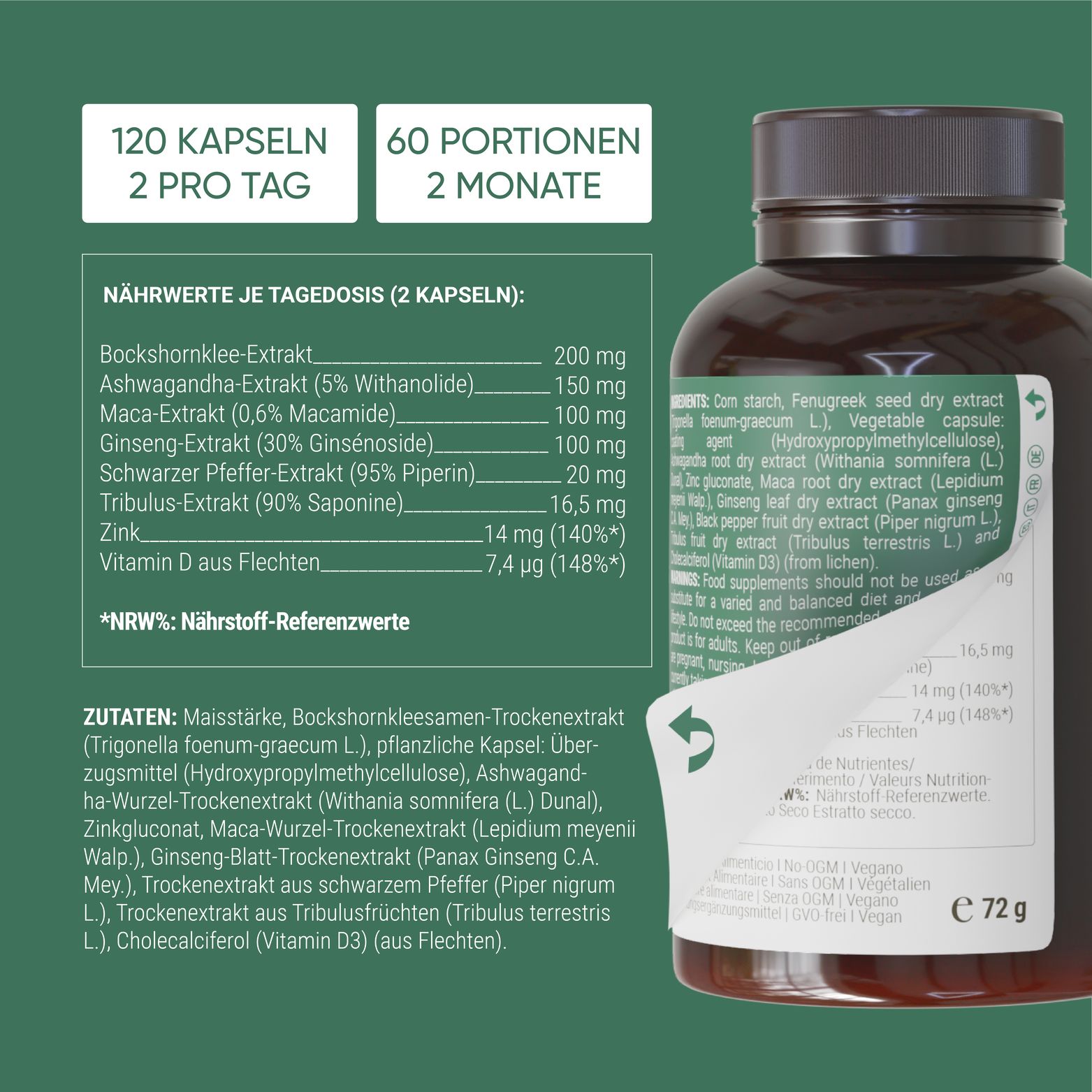 Nährwertangaben und Zutatenliste. 120 Kapseln, 2 pro Tag. Enthält Bockshornklee, Ashwagandha, Maca, Ginseng, Tribulus, Zink, Vitamin D.