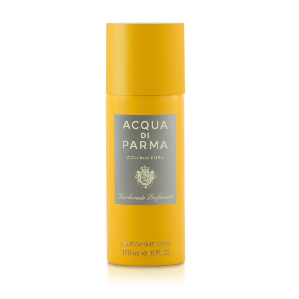 Gelbes Deodorant-Spray mit gelbem Deckel. Silbernes Etikett mit Text: Acqua di Parma, Colonia Pura. Unten: Deodorant Spray, 150 ml, 5 FL OZ.