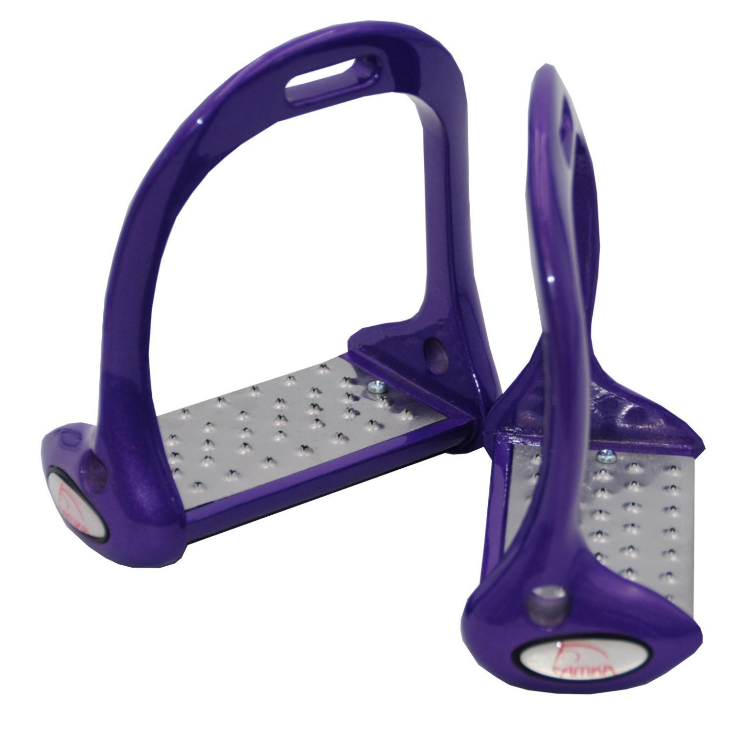 Zwei violette Steigbügel mit silberfarbenen Trittflächen. AMKA-Logo auf den Seiten.