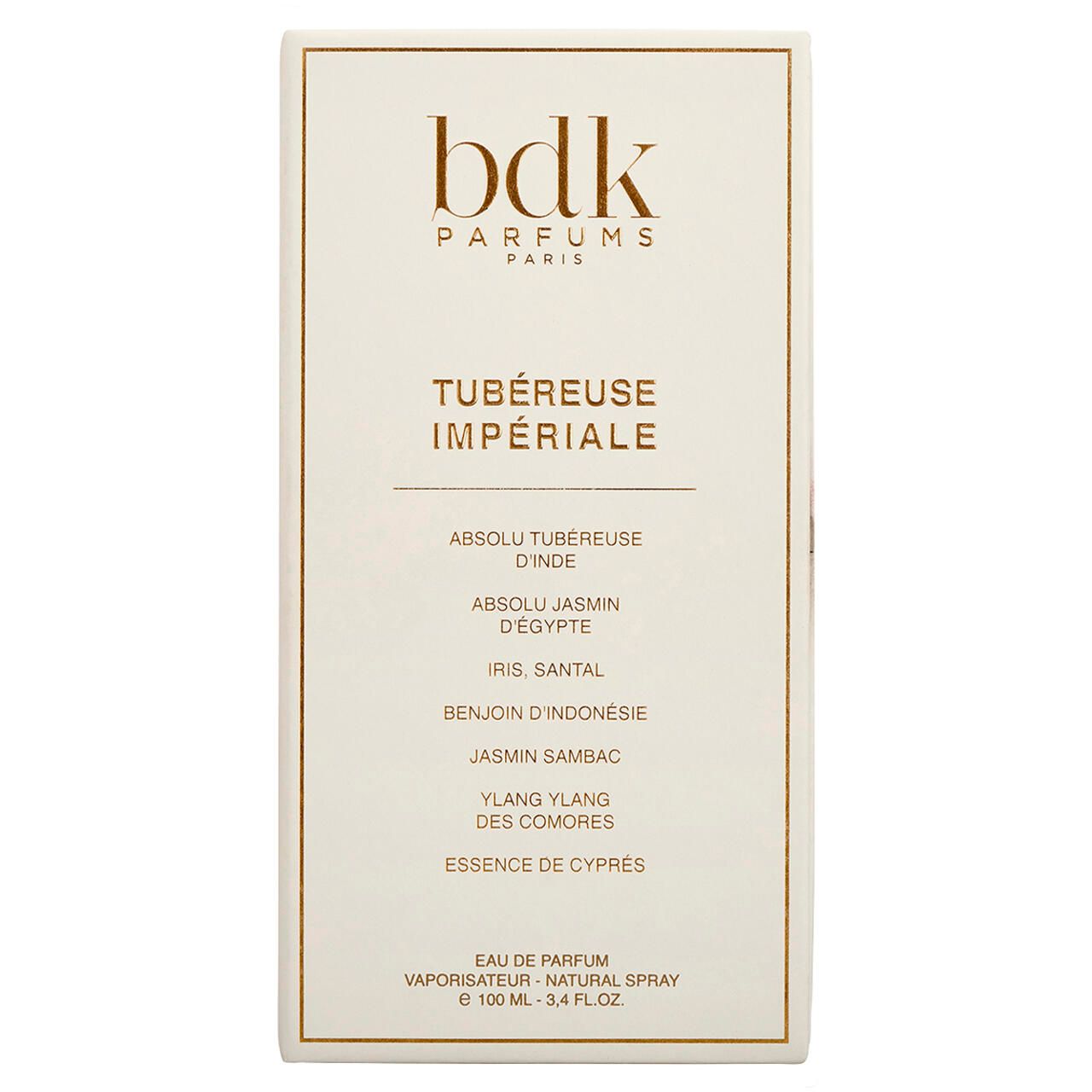 BDK Tubereuse Imperiale EdP Nat. Spray. Weiße Verpackung mit Produktnamen und Inhaltsstoffen. Goldfarbene Schrift.