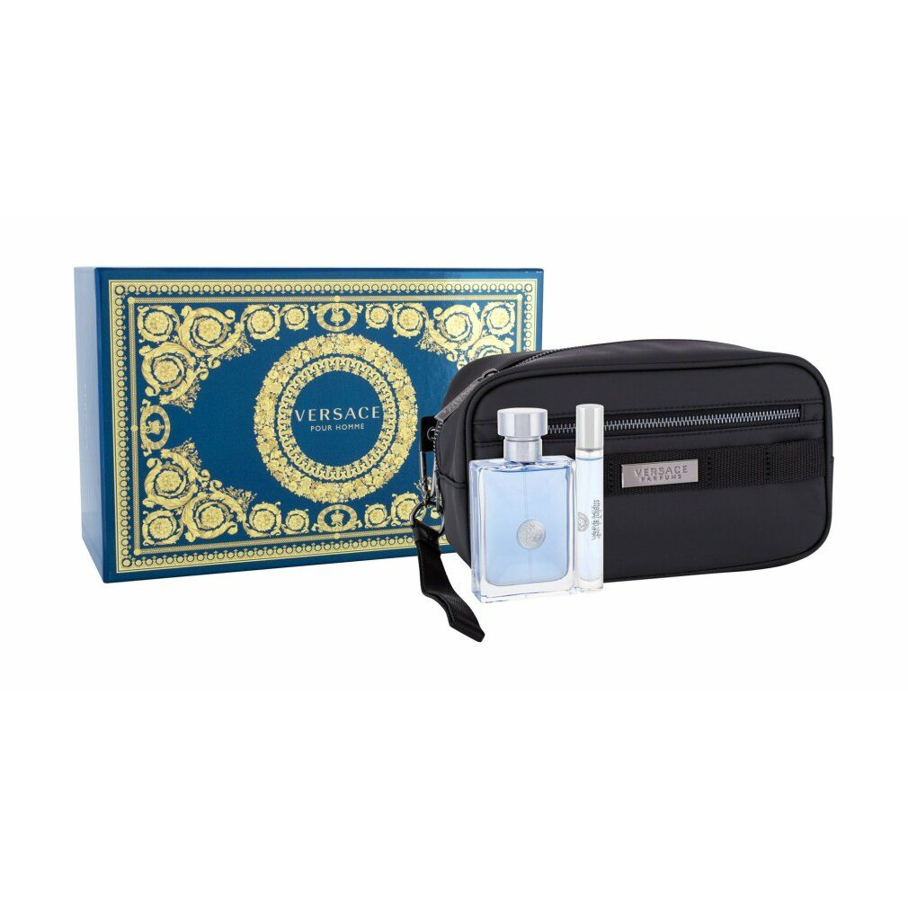 Geschenkset mit blauer Box, schwarzer Kosmetiktasche, Flakon und Zerstäuber. Versace-Logo auf Box und Flakon.