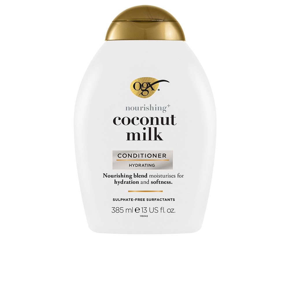 Weiße Flasche mit goldfarbenem Deckel. Aufschrift: "coconut milk CONDITIONER". Enthält 385 ml. Marke: OGX.