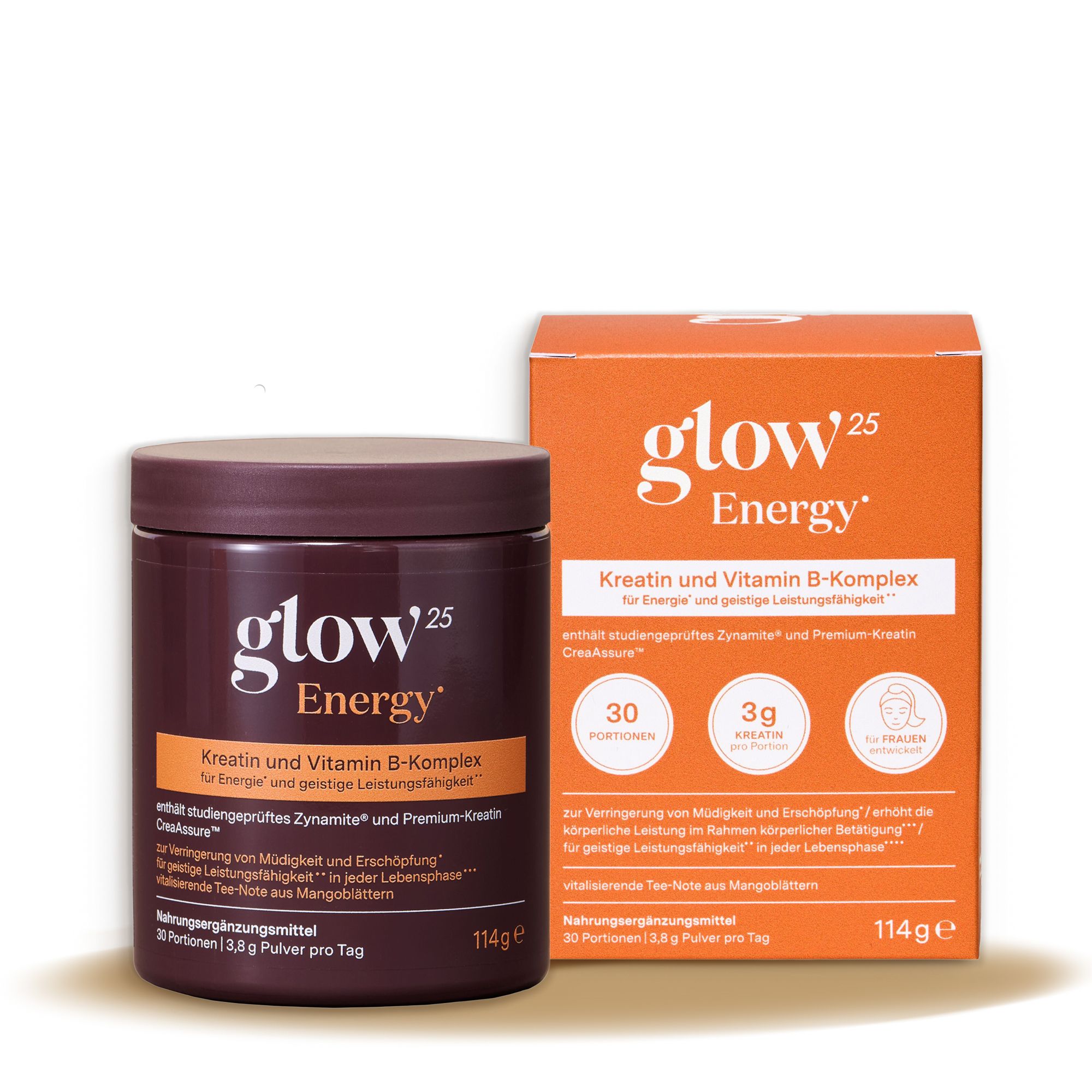 Glow25 Energy Kreatin und Vitamin B-Komplex Pulver in braunem Behälter und orangefarbener Faltschachtel.