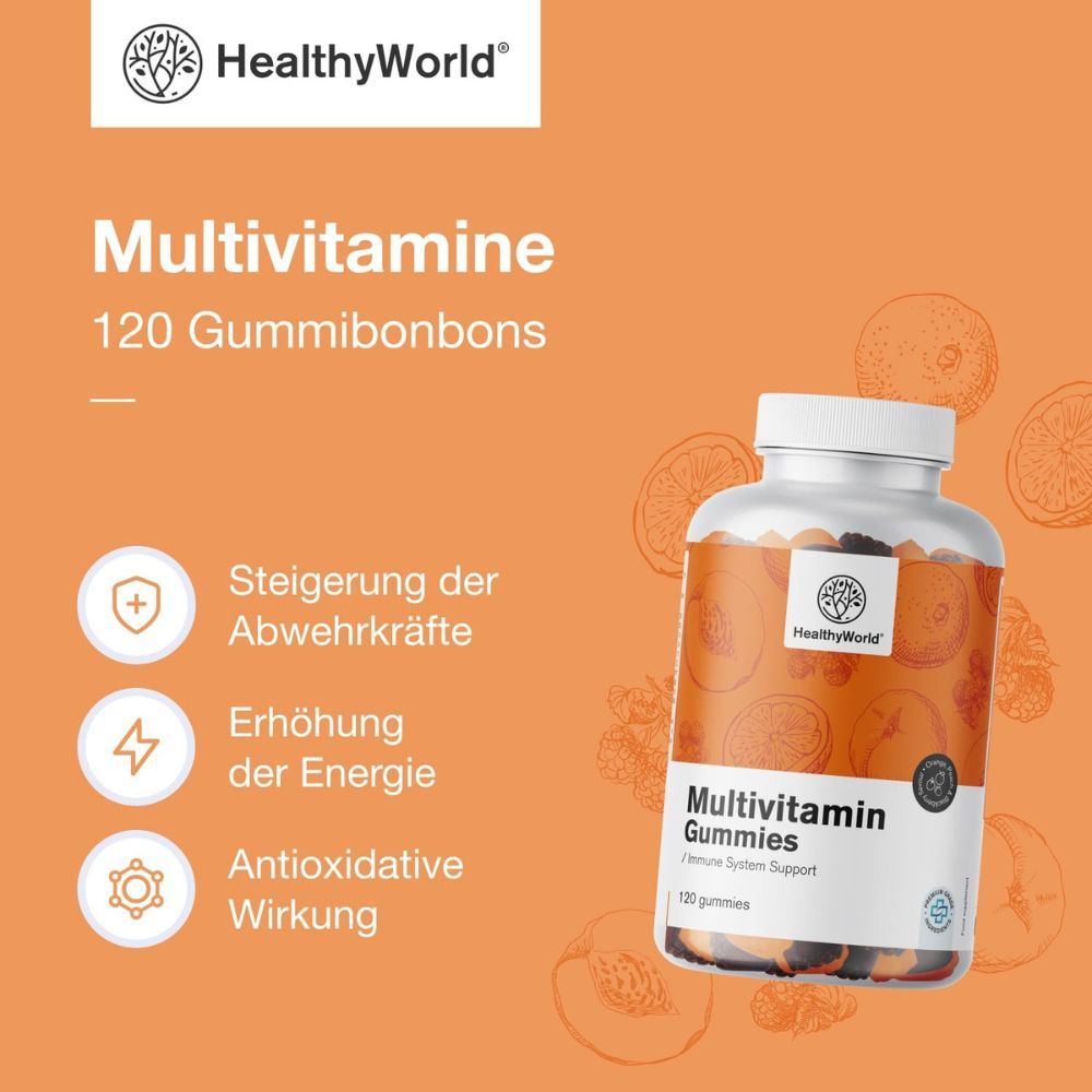 Flasche Multivitamin Gummies. Logo: HealthyWorld. Text: Multivitamine, 120 Gummibonbons. Icons: Abwehrkräfte, Energie, antioxidativ.