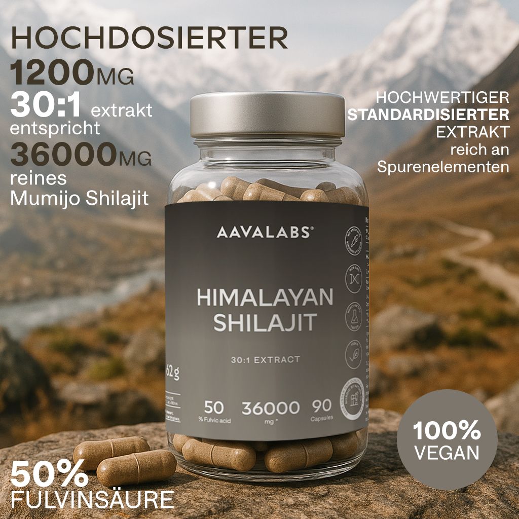Kapsel-Flasche mit Text vor Berglandschaft. Aufschrift: AAVALABS, Himalaya Shilajit, 30:1 Extrakt. 50% Fulvinsäure.