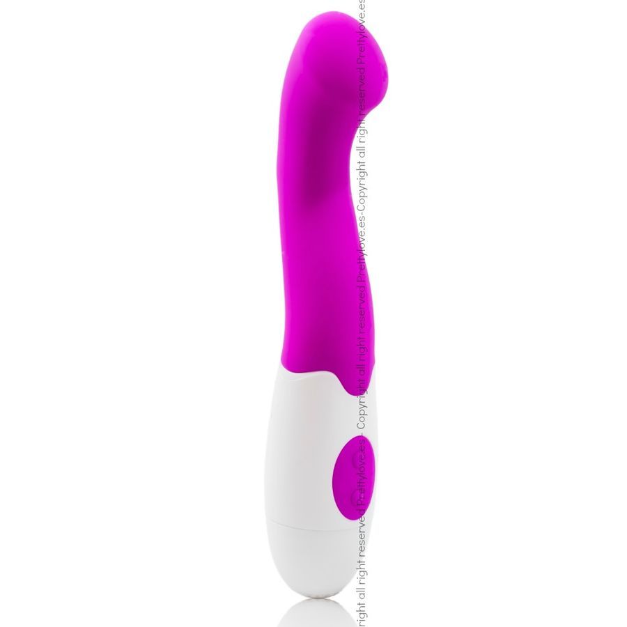 Pinkfarbener Vibrator mit weißem Griff. Seitliche Ansicht. Ein Knopf.