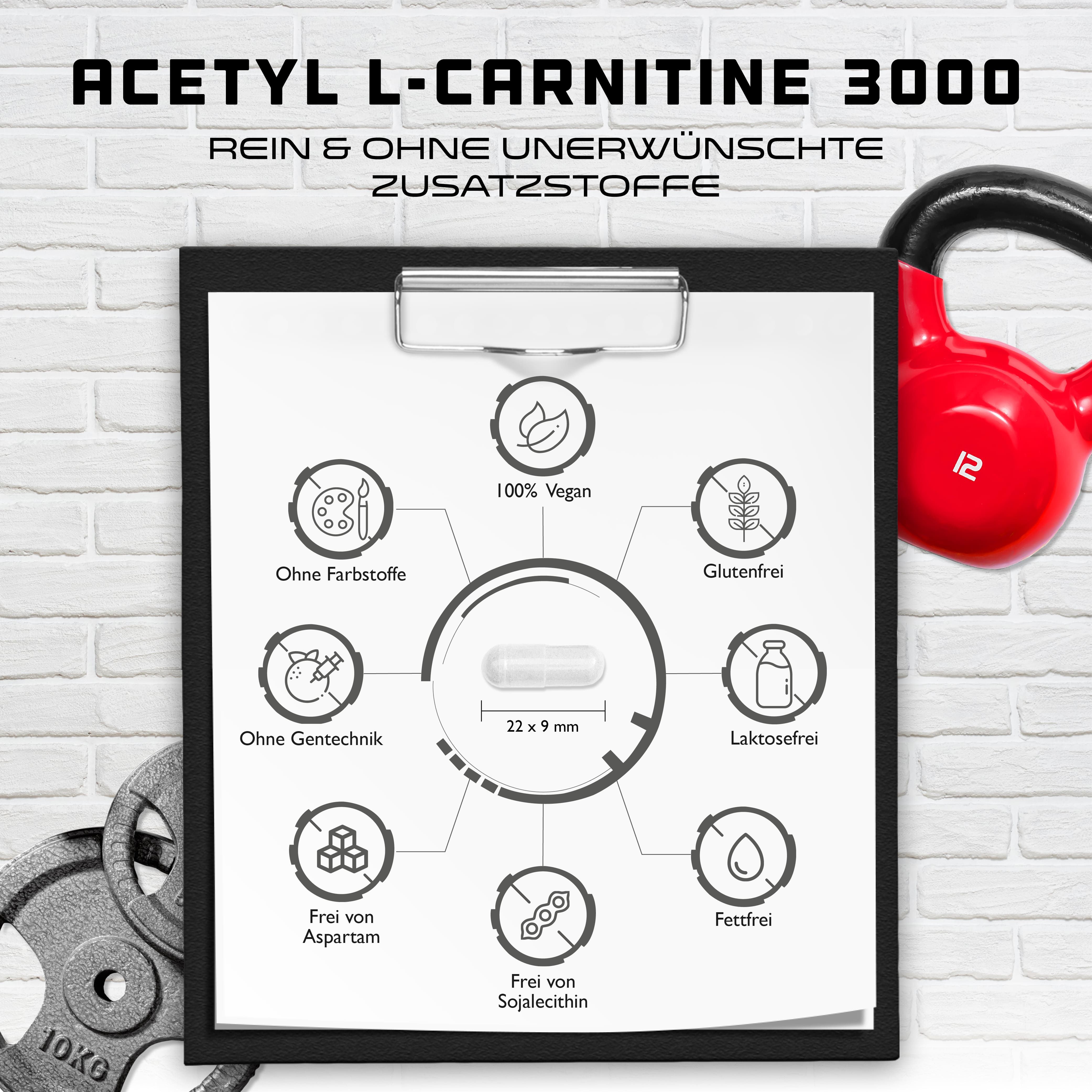 Infografik mit Acetyl L-Carnitin Kapsel. Ohne Farbstoffe, Gentechnik, Aspartam, Sojalecithin, Gluten, Laktose, Fett. 100% Vegan. Kapsel: 22x9mm.