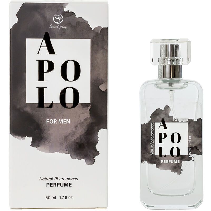 Flakon und Verpackung. Aufdruck: Apolo, For Men, Natural Pheromones, Perfume. Marke: Secretplay.