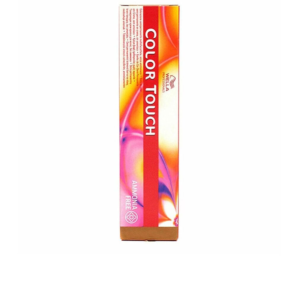 Haarfärbemittel-Verpackung. "COLOR TOUCH" und "AMMONIA FREE" Schriftzug. Farbverlauf in Orange, Pink und Weiß. Wella-Logo.