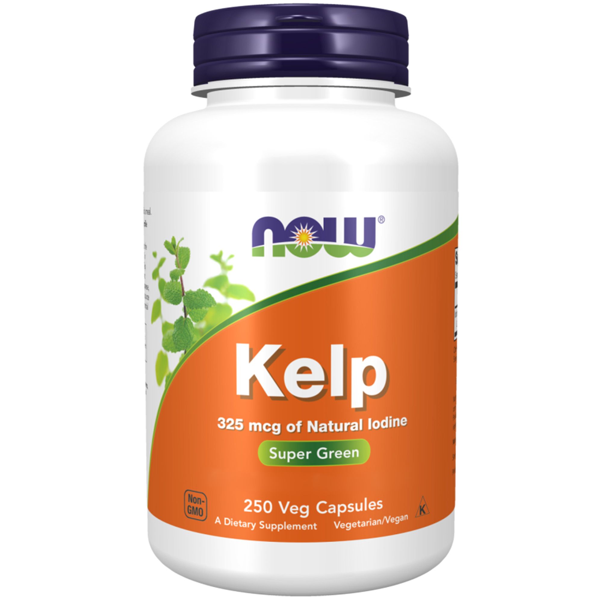 Weiße Flasche mit blauem Deckel. Aufschrift "NOW Kelp 325 mcg". Enthält 250 Kapseln. Aufkleber mit grünen Blättern und orangefarbenem Hintergrund.