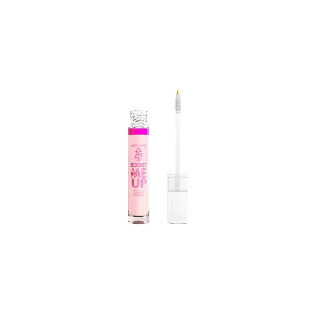Transparentes Serum mit Bürste. Flasche mit pinkfarbenem Deckel und Schriftzug "BOOST ME UP".